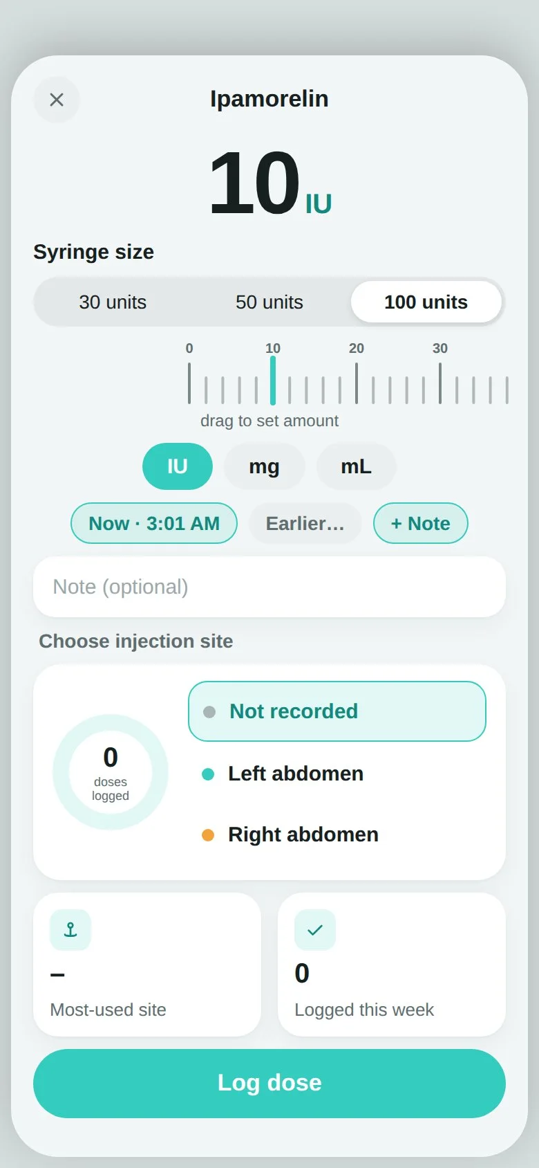 PepLog dose logging with amount, time, and vial