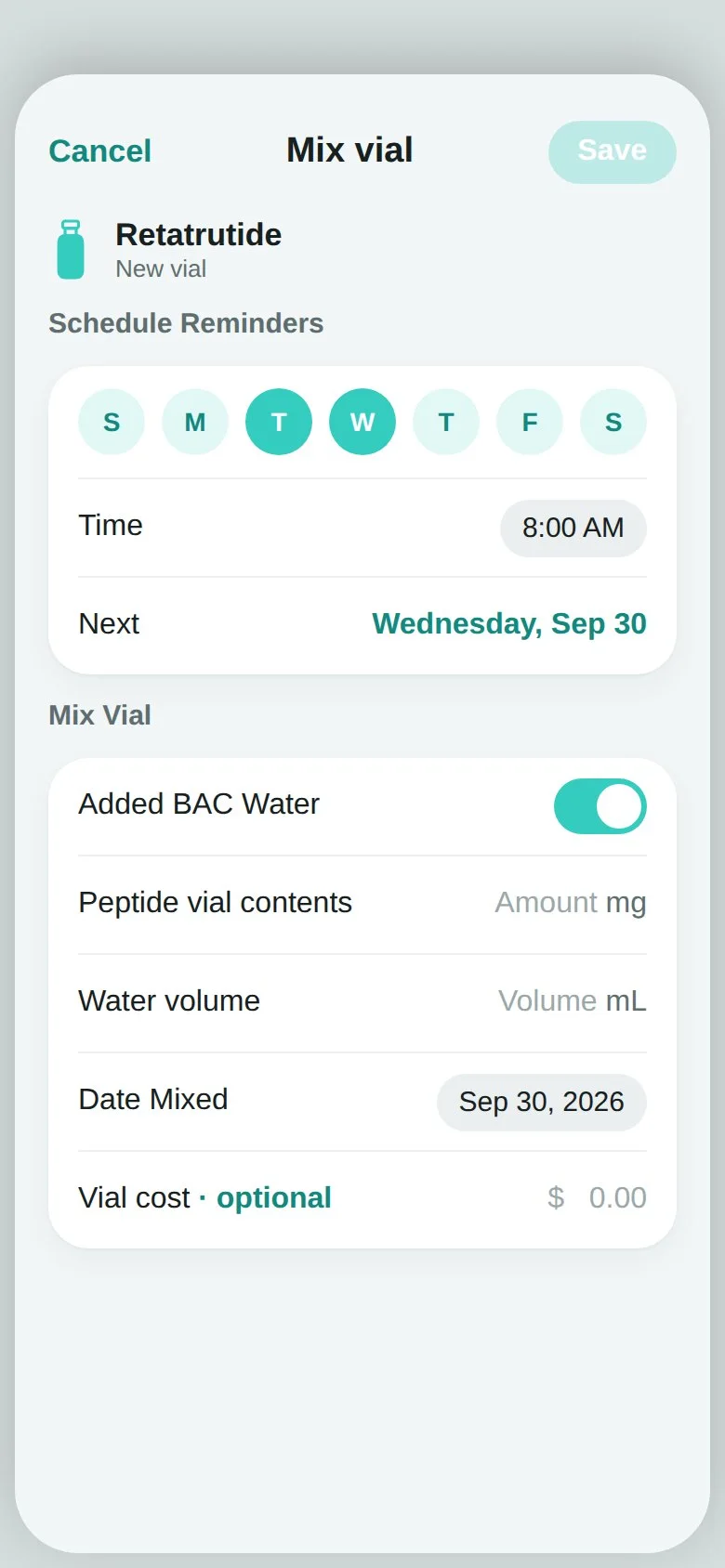 PepLog schedule with reminder days, time, and vial details