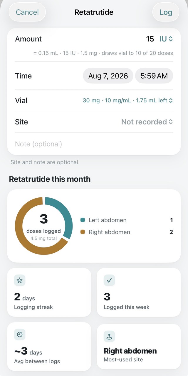 PepLog log-a-dose sheet: amount with reconstitution math, time, vial, and per-peptide monthly record