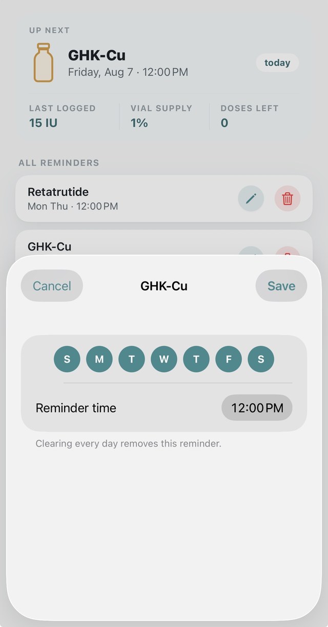 PepLog Reminders screen with the reminder edit sheet open: day-of-week circles and a reminder time